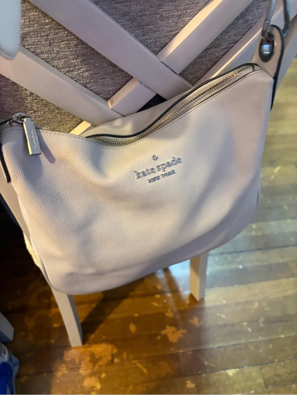 kate spade Pale Gray Pebbled Leather Shoulder Bag with Striped Strap